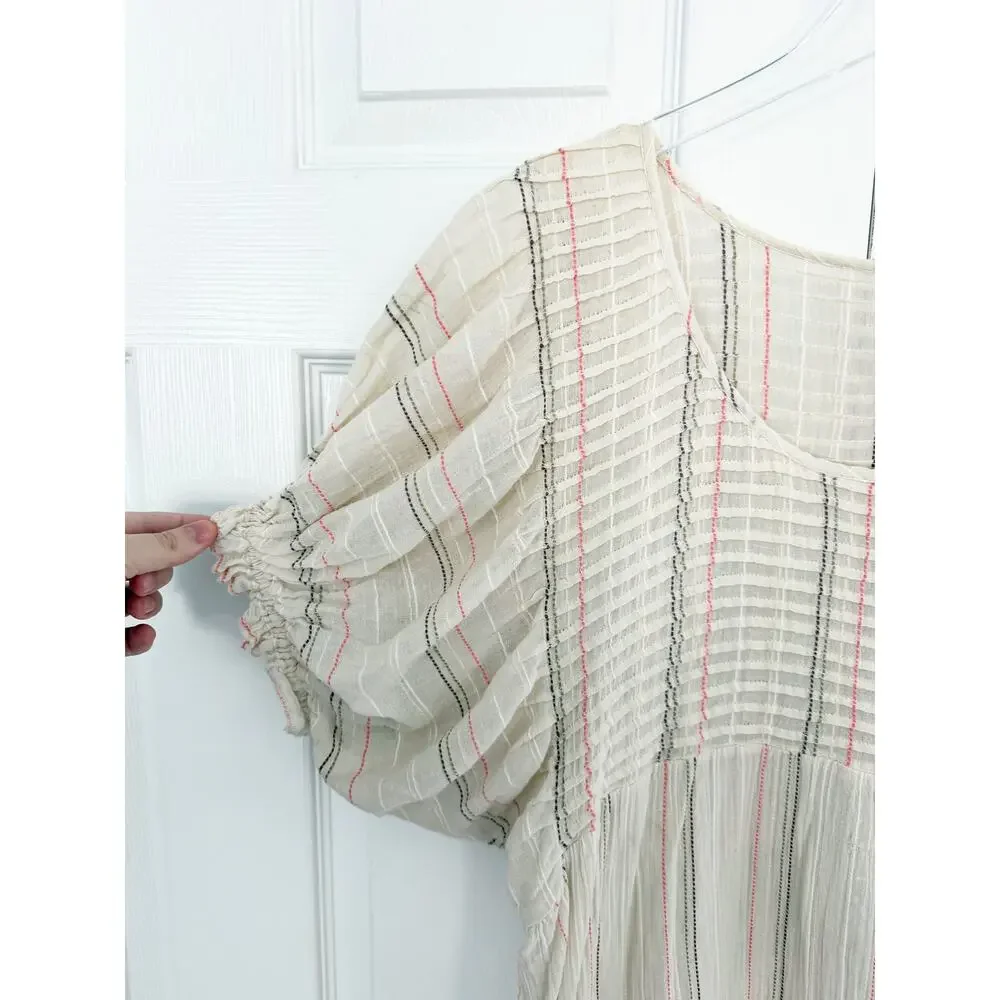 Free People Elsie Textured Gauze Tunic Mini Babydoll Dress Ivory Puff Sleeve